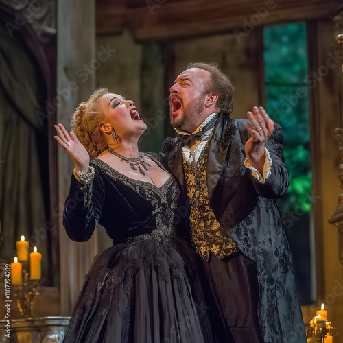 man and woman, opera singers, sing an aria on the theater stage, in period costumes