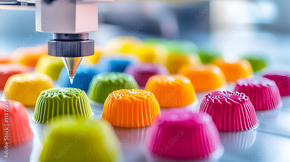 High-tech machines expertly make colorful desserts in a bustling, sweet-filled kitchen