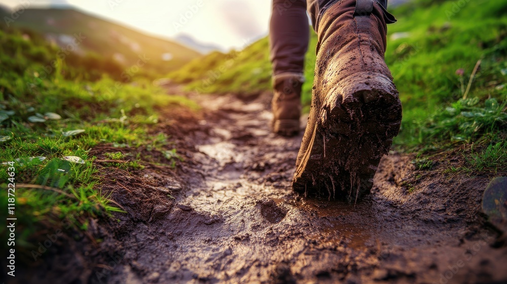 Fototapeta premium Walking through muddy trail in the mountains