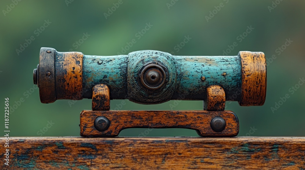 Antique wooden cannon, weathered teal paint.