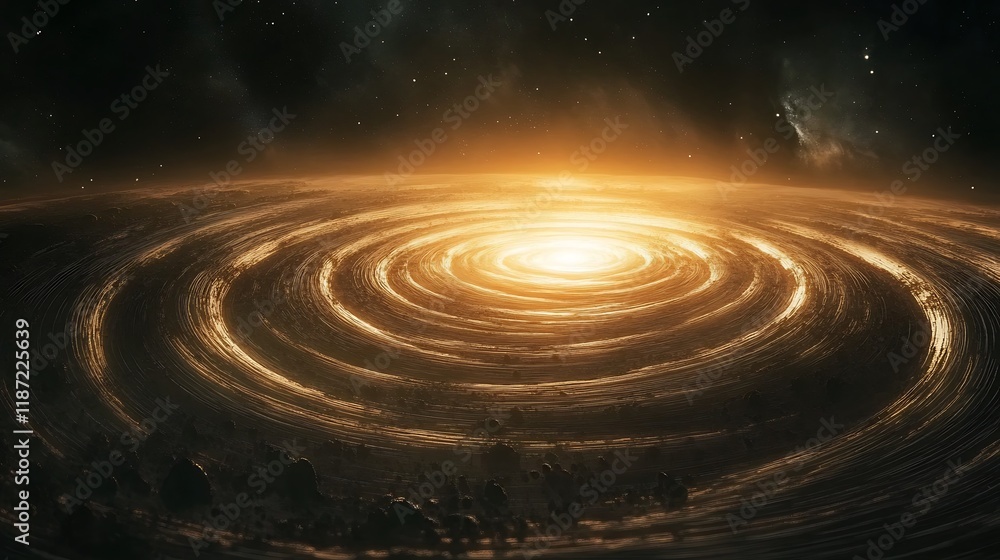 A cosmic event depicted as concentric circles of light and shadow A cosmic event depicted as concentric circles of light and shadow