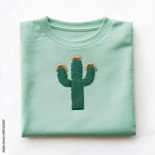 Mint green T-shirt with an embroidered cactus graphic, folded cleanly, on a pure white background with copy space photo