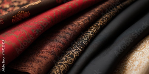 An exquisite display of luxurious fabrics in rich colors and intricate patterns, showcasing the elegance and diversity of textiles in an artistic composition. photo