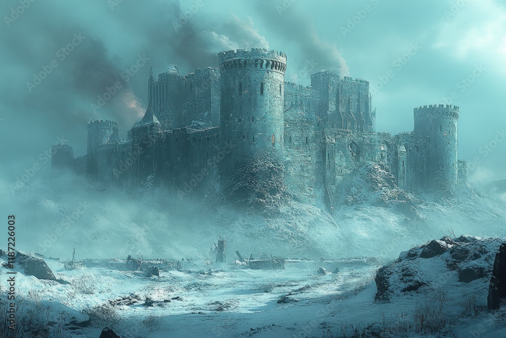 Fototapeta premium Ruined castle, snowy landscape, haunting atmosphere.