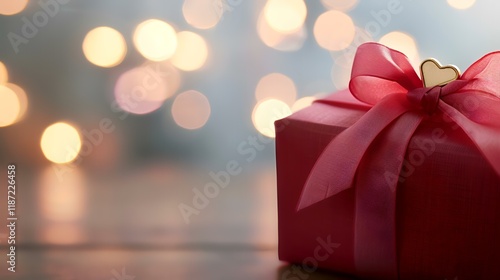 Wallpaper Mural Festive red gift box with ribbon, bokeh lights background, romantic setting, Valentine's Day use Torontodigital.ca