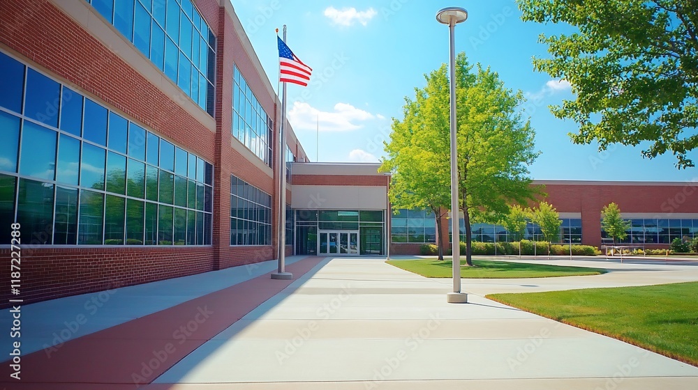 Obraz premium Modern school building exterior with flag.