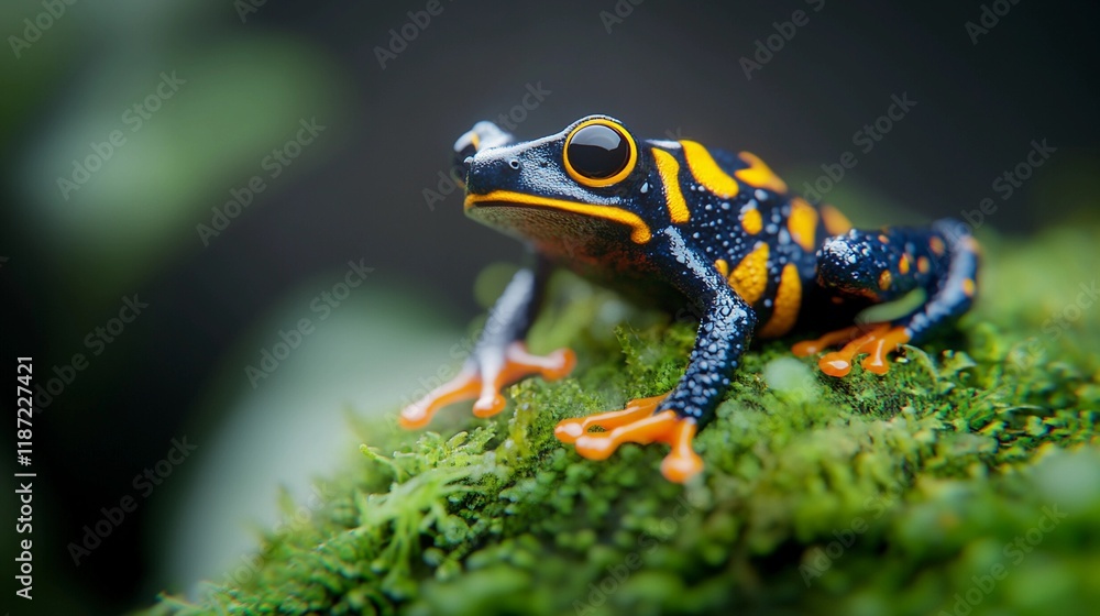 Fototapeta premium Vibrant close-up of a brightly colored frog perched on lush moss in a tropical rainforest