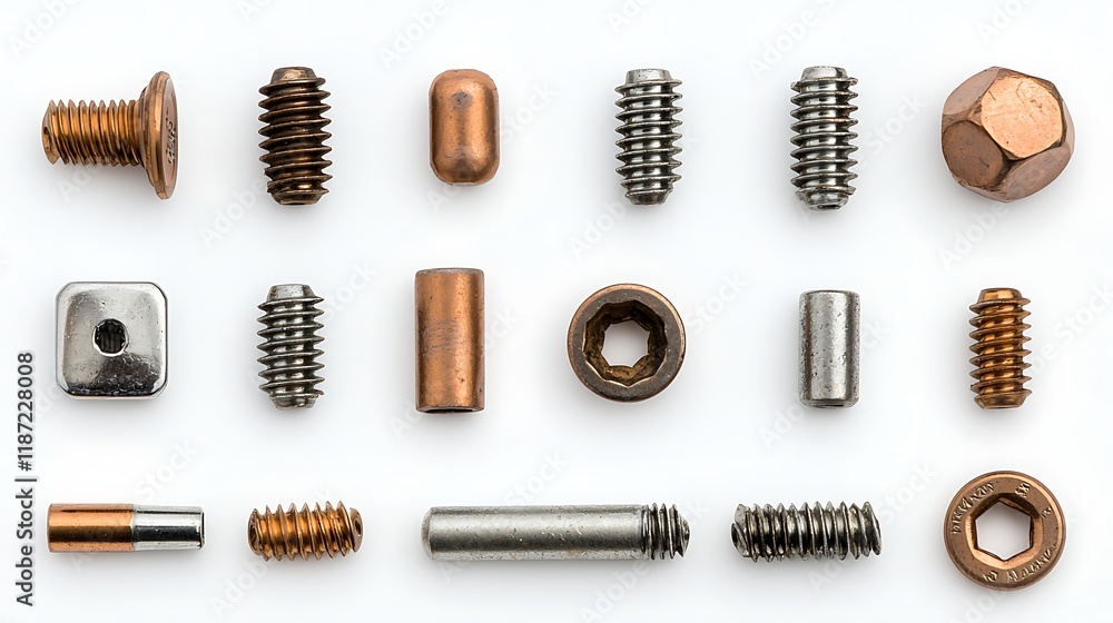 Collection of various metal screws, bolts, and fasteners on white background. Collection of various metal screws, bolts, and fasteners on white background.