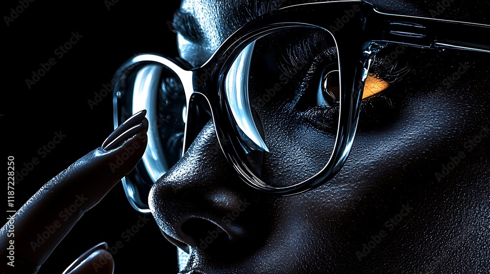 Close-up portrait of a woman wearing glasses, adjusting her eyewear with a finger. Close-up portrait of a woman wearing glasses, adjusting her eyewear with a finger.