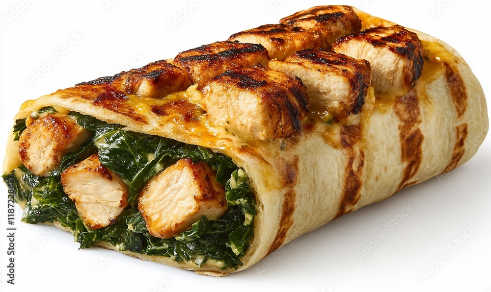 Grilled Chicken and Spinach Wrap, Studio Shot, Ready to Eat Grilled Chicken and Spinach Wrap, Studio Shot, Ready to Eat