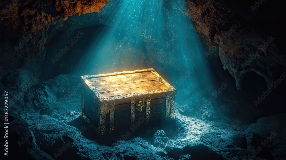 Glowing Rays on a Treasure Chest in a Dark Cave Glowing Rays on a Treasure Chest in a Dark Cave