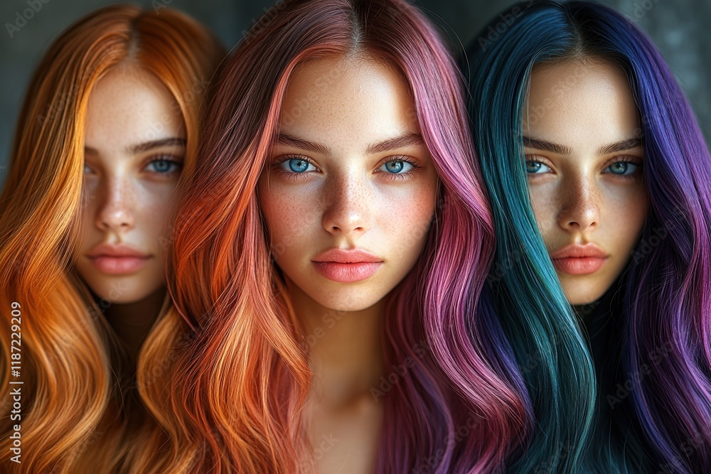 Fashionable colored locks shine under bright lighting in a captivating display of beauty Fashionable colored locks shine under bright lighting in a captivating display of beauty