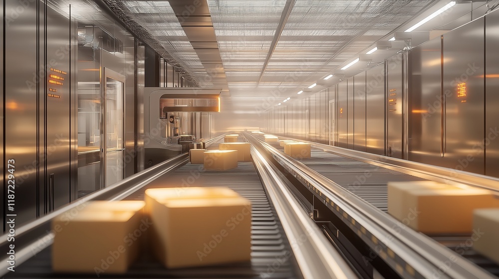 dynamic visual of packages moving through an advanced sorting facility with high-tech machinery ensuring quick processing dynamic visual of packages moving through an advanced sorting facility with high-tech machinery ensuring quick processing