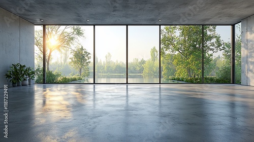 Sunlit modern empty room with large windows overlooking lake and trees.