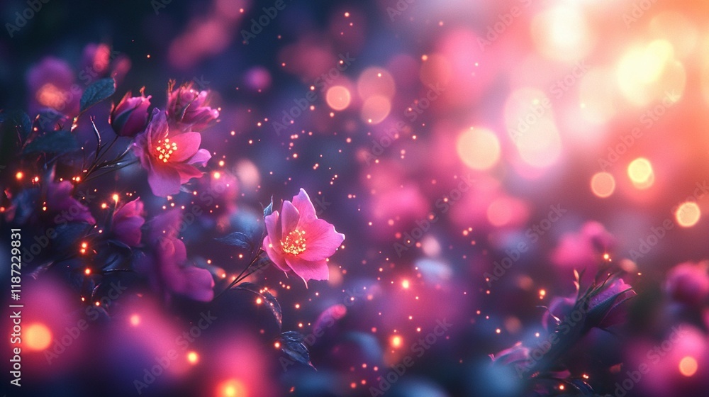 Soft glowing light dots blending gently with fresh flower petals, forming a soft and airy design, book illustration style Soft glowing light dots blending gently with fresh flower petals, forming a soft and airy design, book illustration style