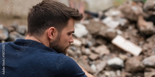 A solitary man is depicted in profile, lost in thought, surrounded by urban debris, capturing a moment of introspection amidst chaos in a modern environment. photo