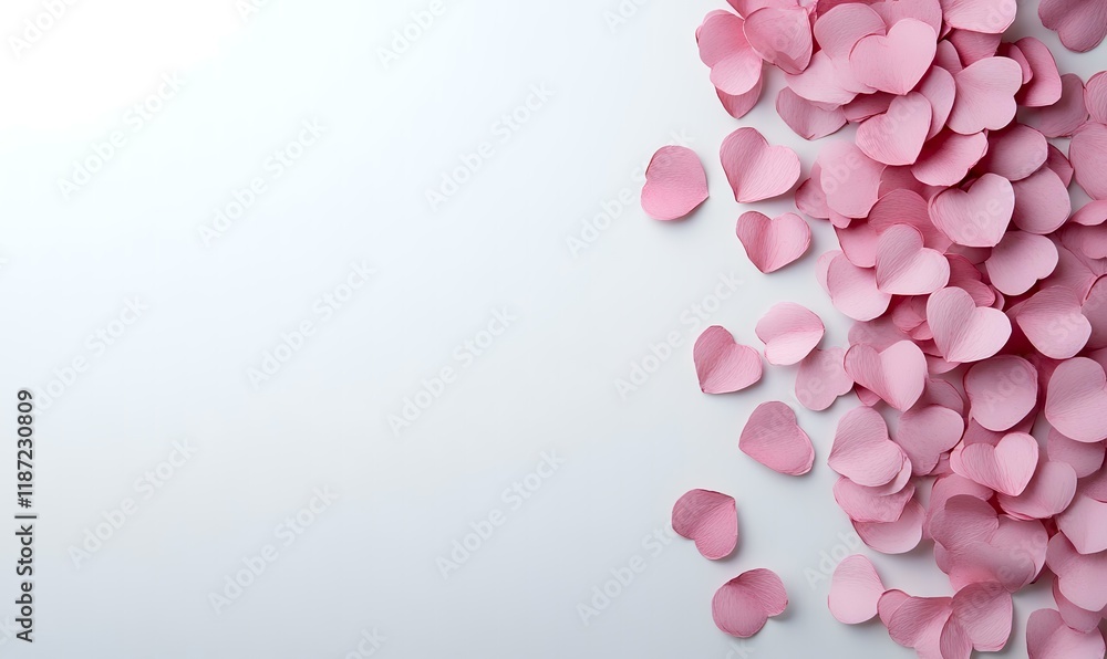 Obraz premium Pink heart confetti scattered on white background, romantic design, perfect for Valentine's Day cards