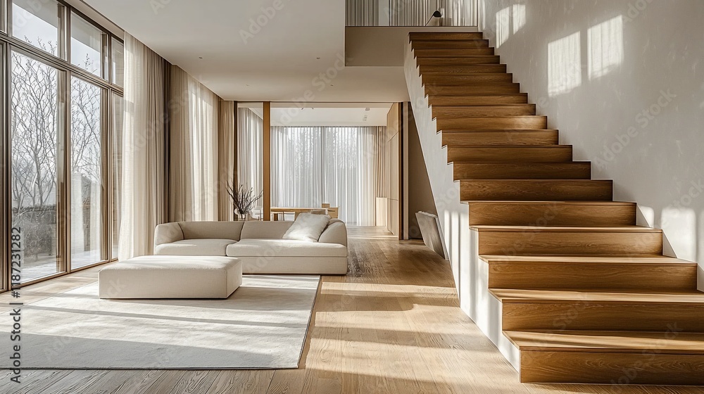 Obraz premium Modern minimalist living room with wooden staircase and large windows.