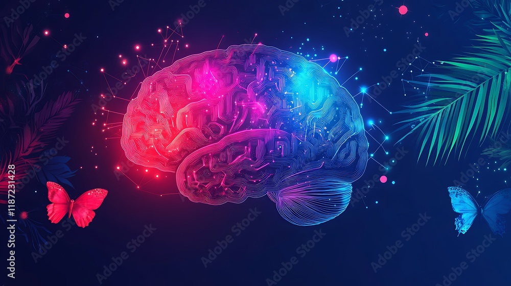 Naklejka premium Glowing brain with vibrant flora, butterflies, and neural connections.