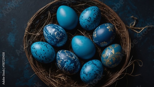 Blue easter eggs painted by hand on a dark background. Easter stylish minimal composition. Top view, flat lay