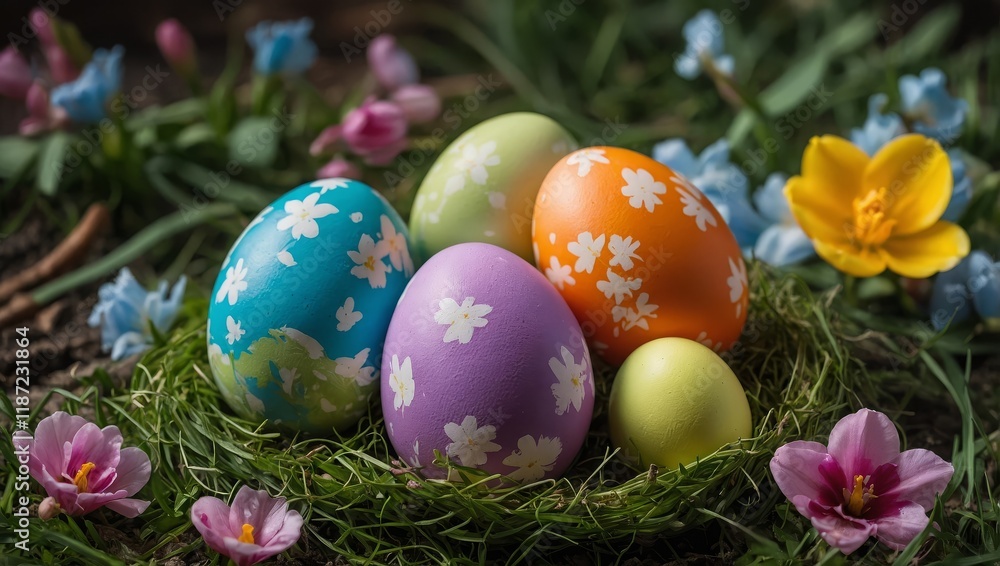 Colorful easter eggs and spring flowers Colorful easter eggs and spring flowers