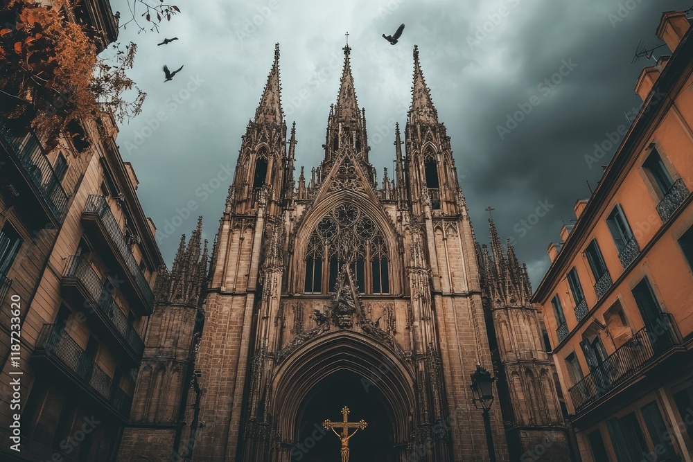 Fototapeta premium A Gothic - style church exterior under a cloudy sky