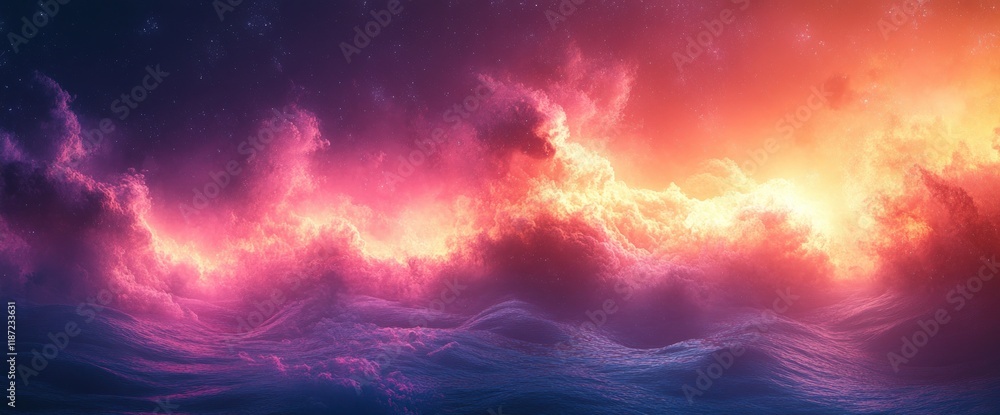 Naklejka premium Vibrant, colorful cloudscape at sunset, fiery hues, fantasy-like atmosphere.