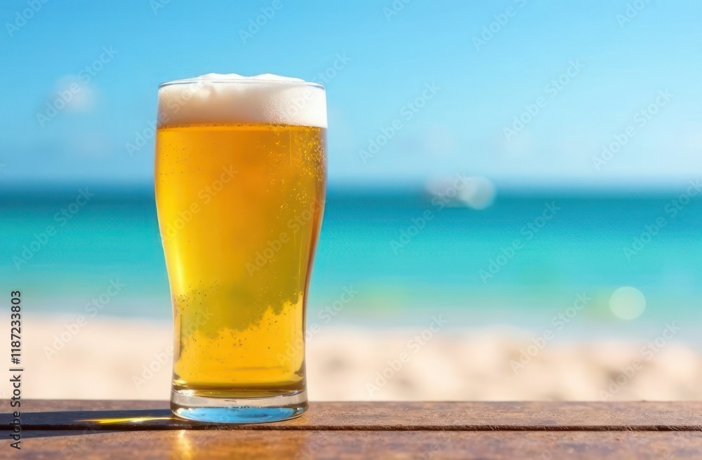Pint of cold beer on top of the beach table against the background of blue sky and sea Pint of cold beer on top of the beach table against the background of blue sky and sea