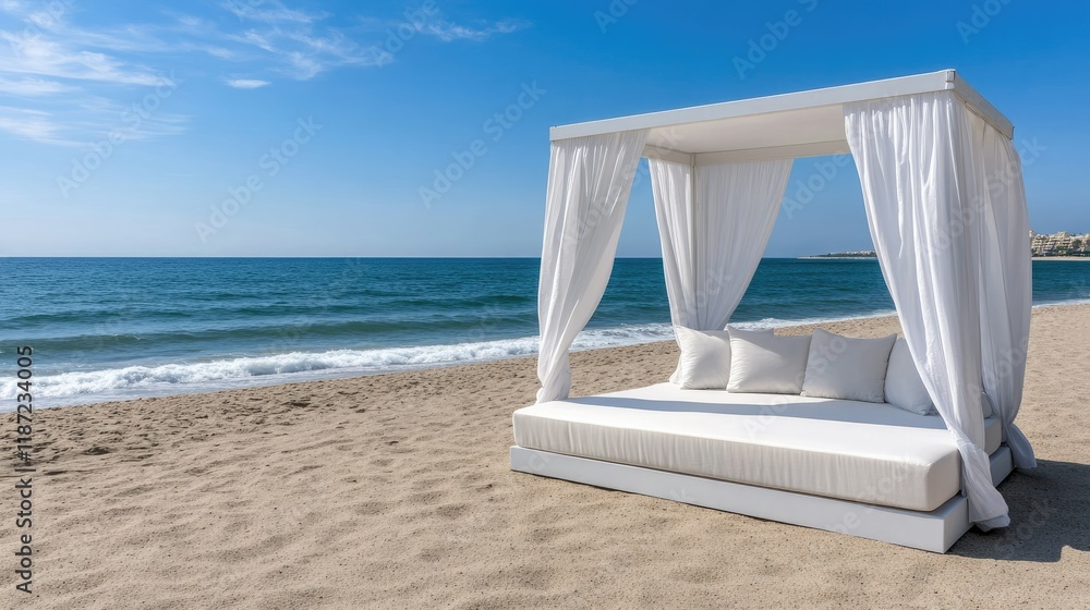 Fototapeta premium Beach lounge bed with a canopy sits invitingly on the sandy shore, surrounded by greenery, as the sun sets