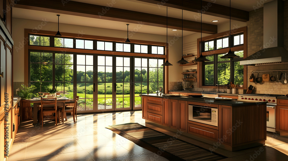 Modern kitchen with a countryside view and natural lighting Modern kitchen with a countryside view and natural lighting