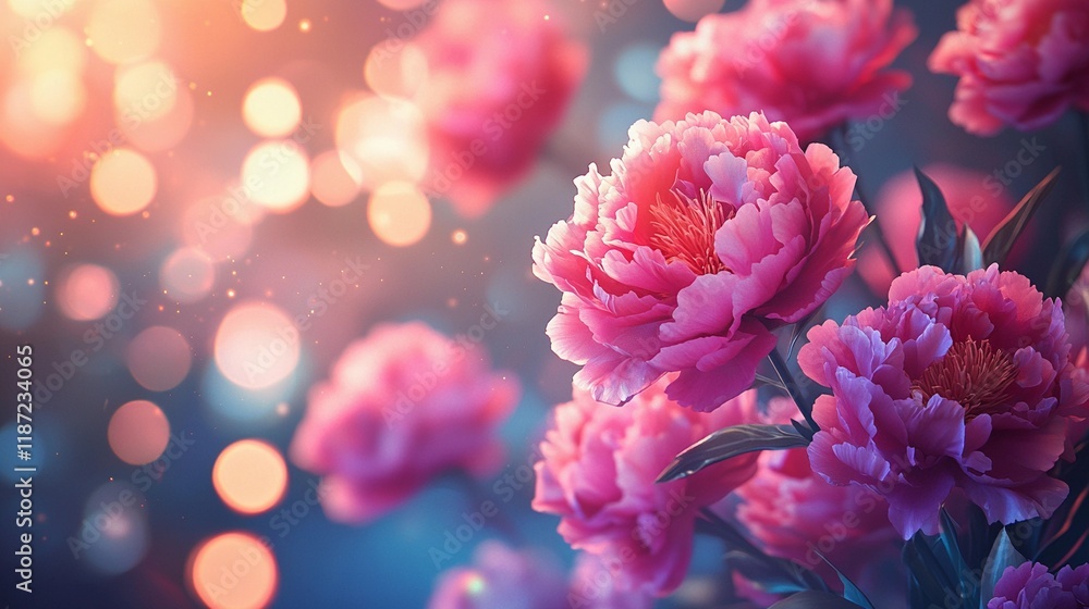 Obraz premium Blurry soft bokeh lights scattered on blooming flowers, creating a delicate and peaceful atmosphere, comic book style