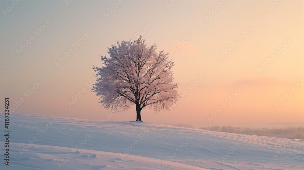 A lone tree standing in a snow-covered field at sunrise, A lone tree standing in a snow-covered field at sunrise,