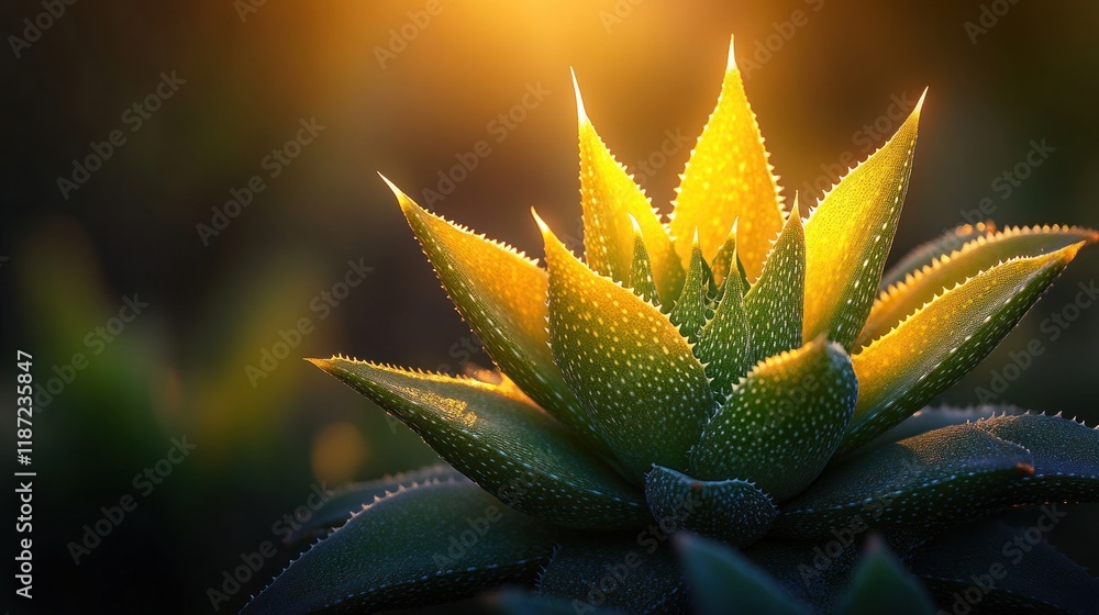 Illuminated succulent with blurry sunset background for garden art. Illuminated succulent with blurry sunset background for garden art.