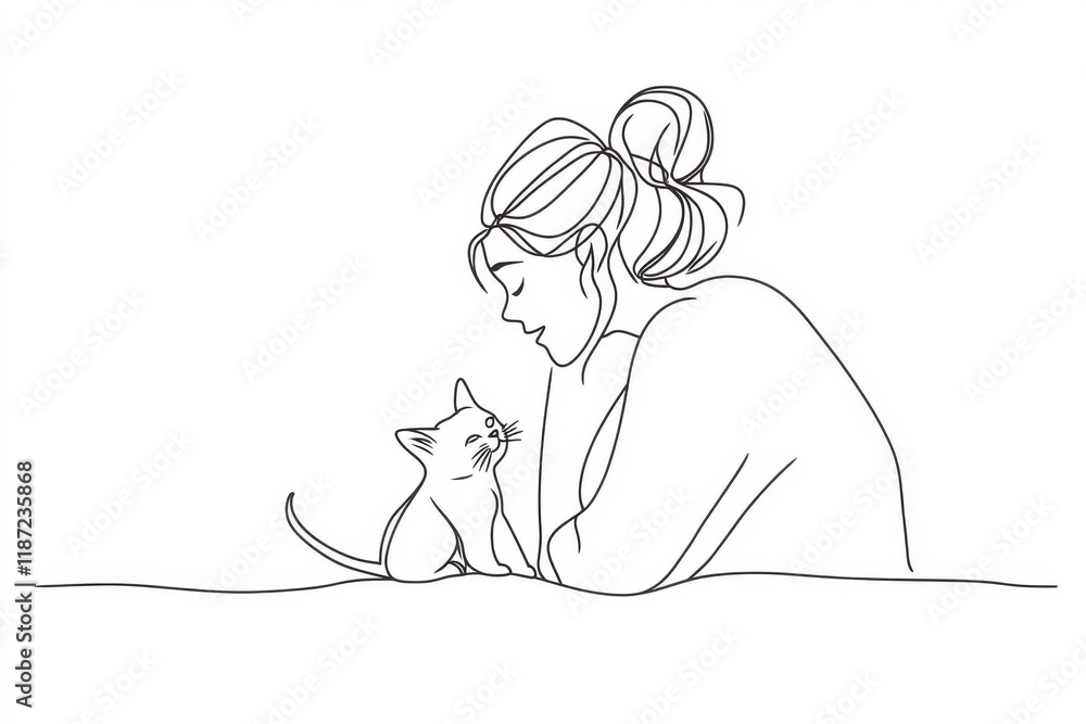 One-line drawing of a woman with a dog and a cat, a simple illustration on a white background Generative AI One-line drawing of a woman with a dog and a cat, a simple illustration on a white background Generative AI