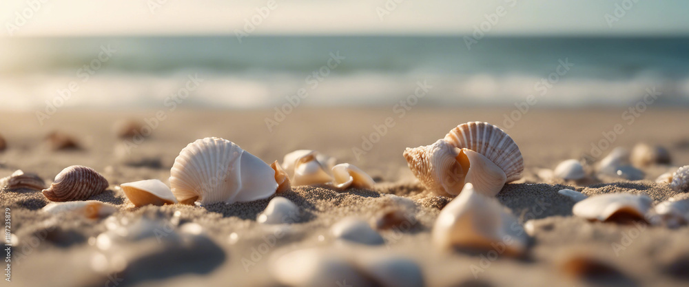 Fototapeta premium Seashells on seashore in tropical beach summer holiday background