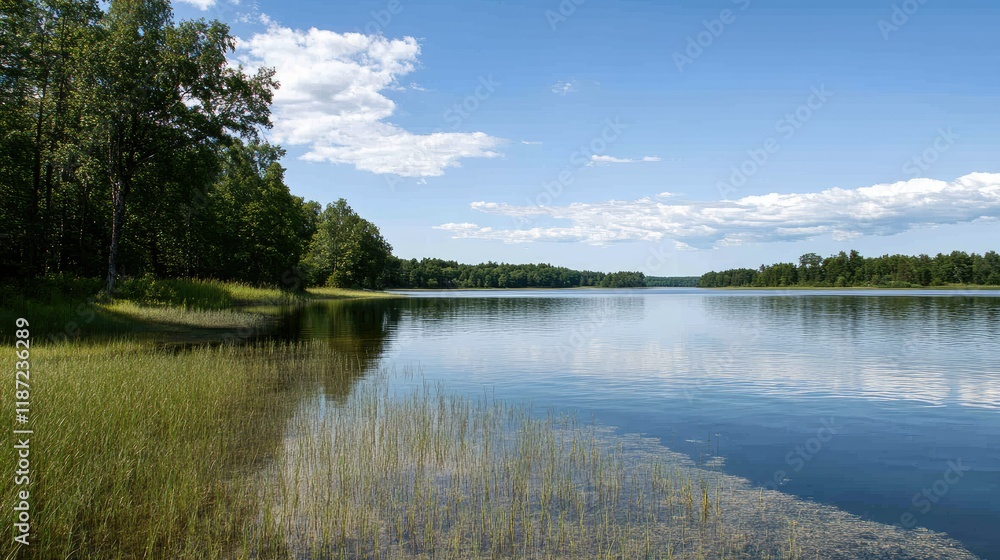 Fototapeta premium Designer stands by a tranquil lake featuring a castle, summer greenery, and vibrant skies reflecting on the water's surface