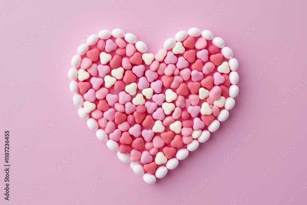 Fototapeta premium Small pink and white heart shaped candies arranged in the shape of a big heart symbolizing love and affection, ideal for valentine's day