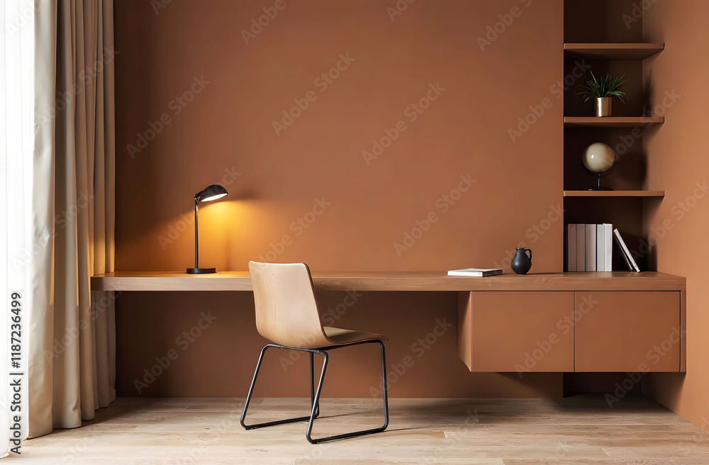 Modern Minimalist Workspace with Mocha Mousse Palette. A minimalist workspace featuring a Mocha Mousse color scheme, sleek wooden desk, modern chair, built-in shelves, and soft lighting. Modern Minimalist Workspace with Mocha Mousse Palette. A minimalist workspace featuring a Mocha Mousse color scheme, sleek wooden desk, modern chair, built-in shelves, and soft lighting.