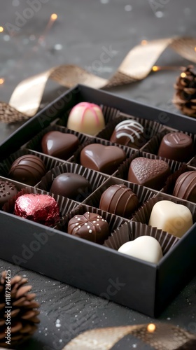 Assorted chocolates in gift box, festive background, romantic setting, ideal for Valentine's Day marketing photo