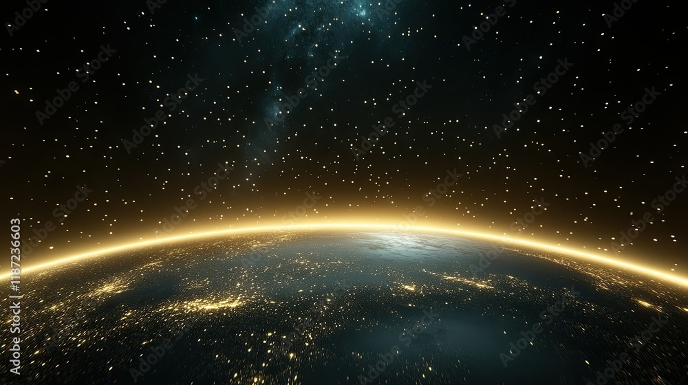 Obraz premium Futuristic technology concept showcasing planet Earth connected by glowing fiber optics in a dark cosmic space