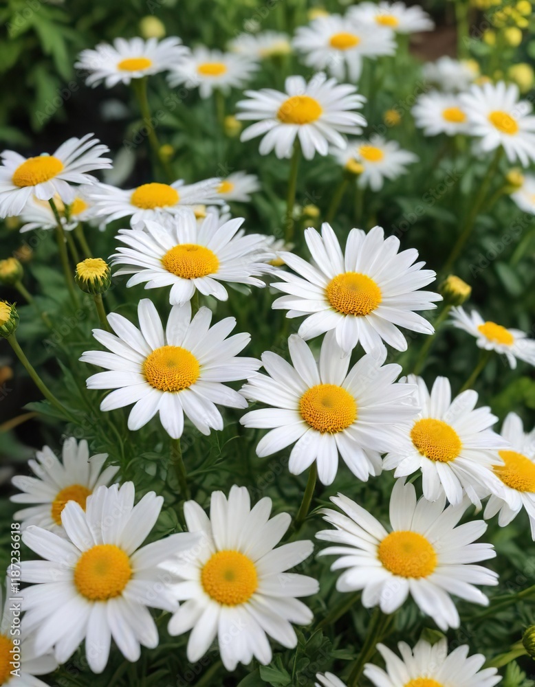 Tender white daisies with vibrant yellow centers blooming in a lush garden setting, outdoor, wildlife, seasonal, growth Tender white daisies with vibrant yellow centers blooming in a lush garden setting, outdoor, wildlife, seasonal, growth