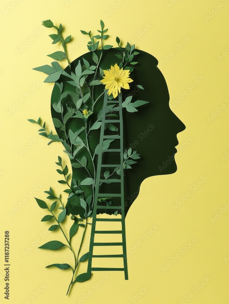 Exploration of growth through nature's embrace in a vibrant yellow backdrop showcasing a silhouette of a head adorned with leaves and a blooming flower