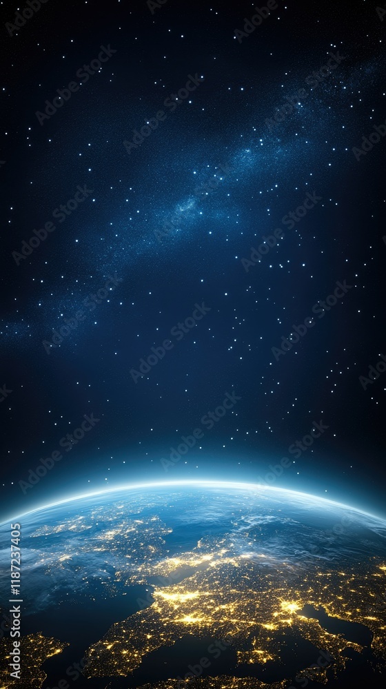 Obraz premium Planet Earth illuminated by city lights at night, revealing intricate details of landmasses against a dark, starry background