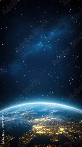 Fototapeta Naklejka Na Ścianę i Meble -  Planet Earth illuminated by city lights at night, revealing intricate details of landmasses against a dark, starry background