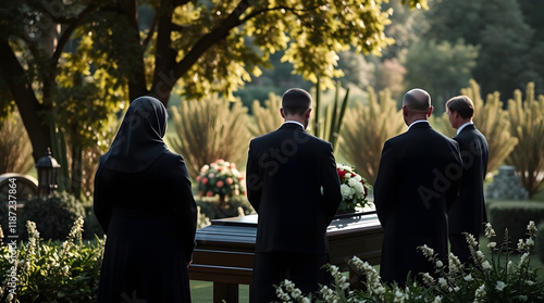 Family members attending funeral ceremony at cemetery with somber expressions, copy space
