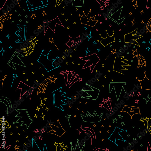 A seamless pattern featuring colorful hand-drawn crowns, shooting stars, fireworks, , and playful shapes on a black background. Vibrant and modern design for stationery, party decor, backgrounds