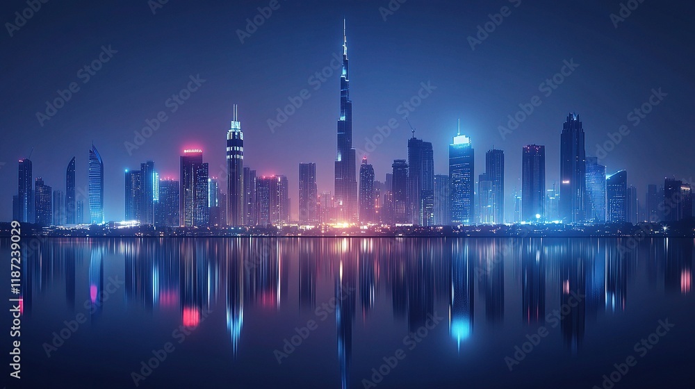 Obraz premium Futuristic City Skyline at Night with Connected Network Elements