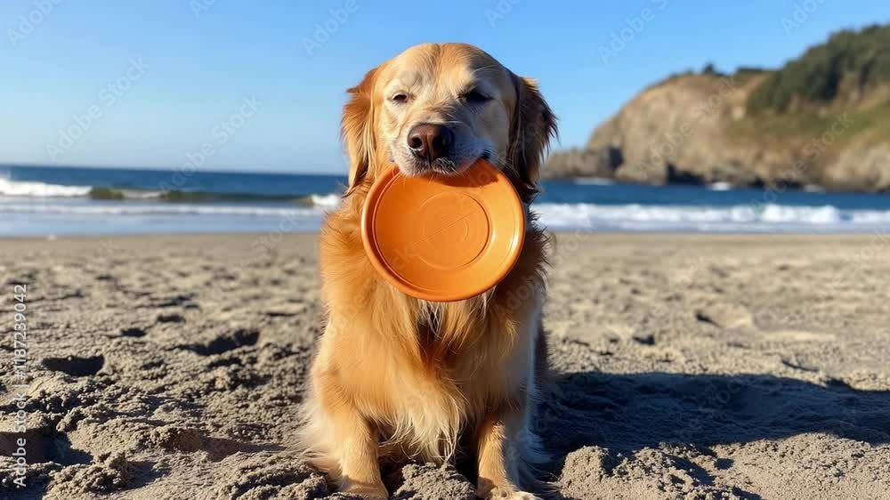 A playful golden retriever enjoys a sunny day at the beach, proudly holding an orange frisbee while surrounded by gentle ocean waves A playful golden retriever enjoys a sunny day at the beach, proudly holding an orange frisbee while surrounded by gentle ocean waves