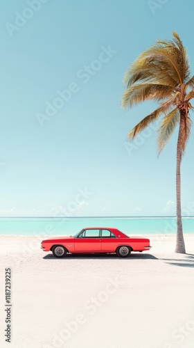 Red vintage car parked on a beautiful white sand beach with turquoise ocean and palm tree, offering a perfect summer travel and vacation vibe photo