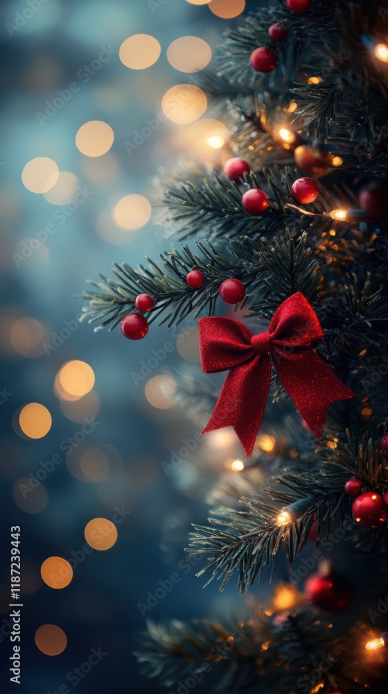 Obraz premium Christmas garland with red bows and bokeh lights on blue background